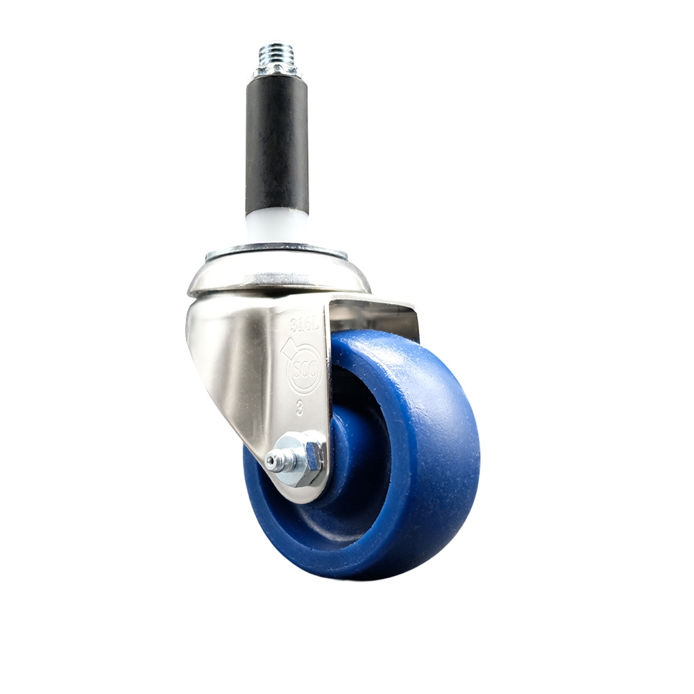 Solid Polyurethane Swivel Stem Caster with 3 in. Blue Caster Wheels, 0.75 in. Expanding Stem - 316 Stainless Steel Caster