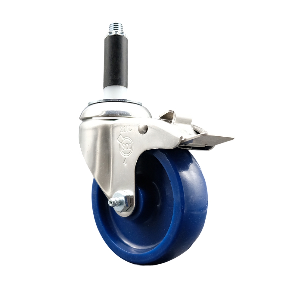 Solid Polyurethane Swivel Stem Caster with 4 in. Blue Caster Wheels & Total Lock Brake, 0.87 in. Expanding Stem - 316 Stainless Steel Caster
