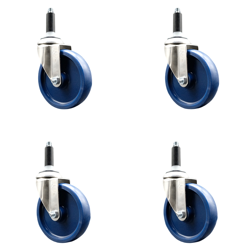 Solid Polyurethane Swivel Stem Caster with 5 in. Blue Caster Wheels, 0.87 in. Expanding Stems - 316 Stainless Steel Casters - Set of 4