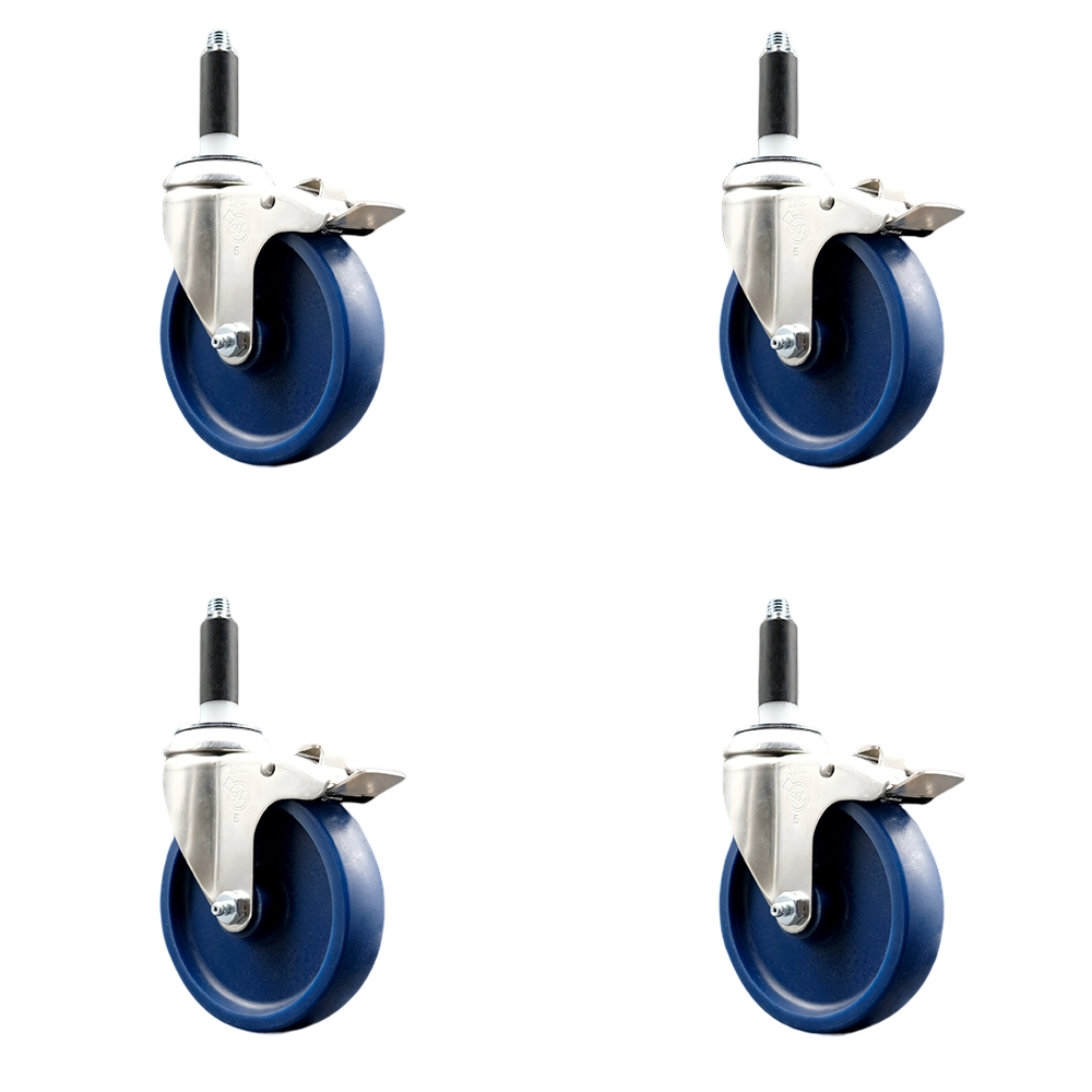 Solid Polyurethane Swivel Stem Caster with 5 in. Blue Caster Wheels, 0.87 in. Expanding Stems - 316 Stainless Steel Casters - Set of 4