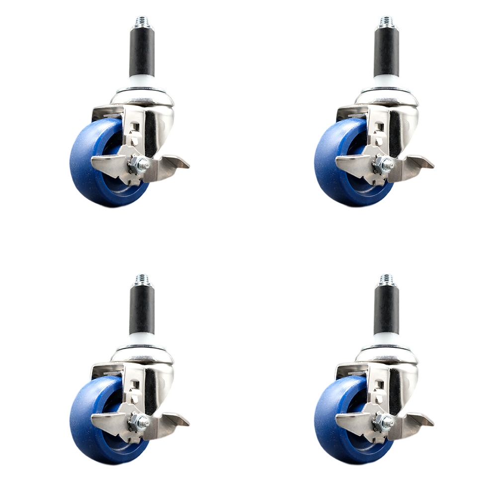 Solid Polyurethane Swivel Stem Caster with 3 in. Blue Caster Wheels, 1 in. Expanding Stems - 316 Stainless Steel Casters - Set of 4