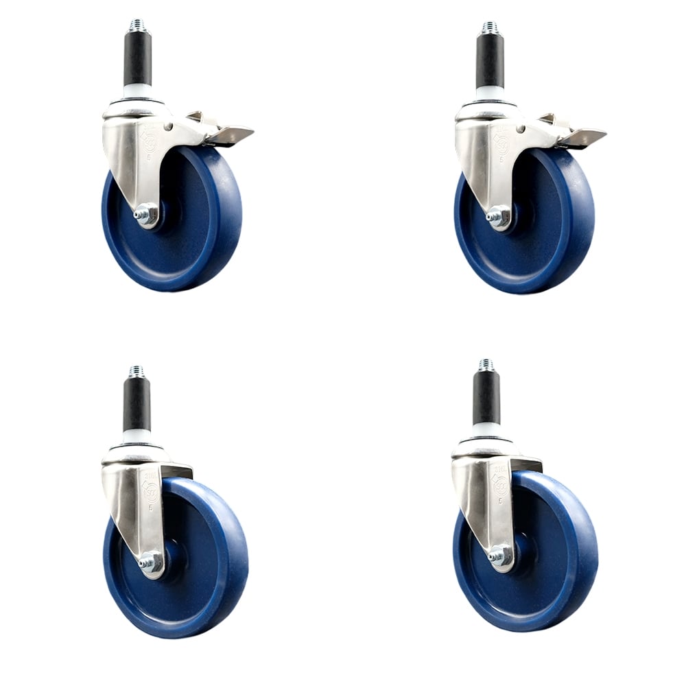 Solid Poly Swivel Stem Caster with 5 in. Blue Caster Wheels, 1 in. Expanding Stem - 316 Stainless Steel Casters - Set of 4