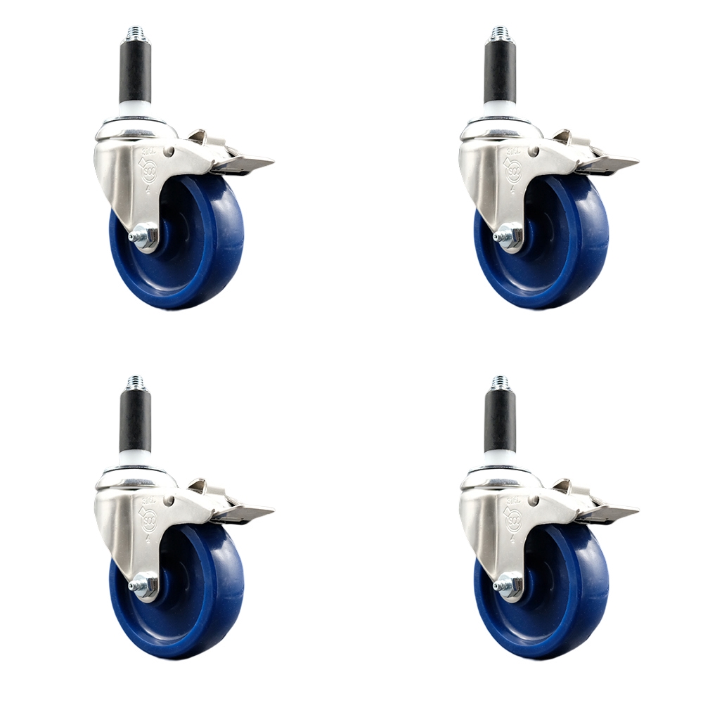 Solid Polyurethane Swivel Stem Caster with 4 in. Blue Caster Wheels, 1.13 in. Expanding Stems - 316 Stainless Steel Casters - Set of 4