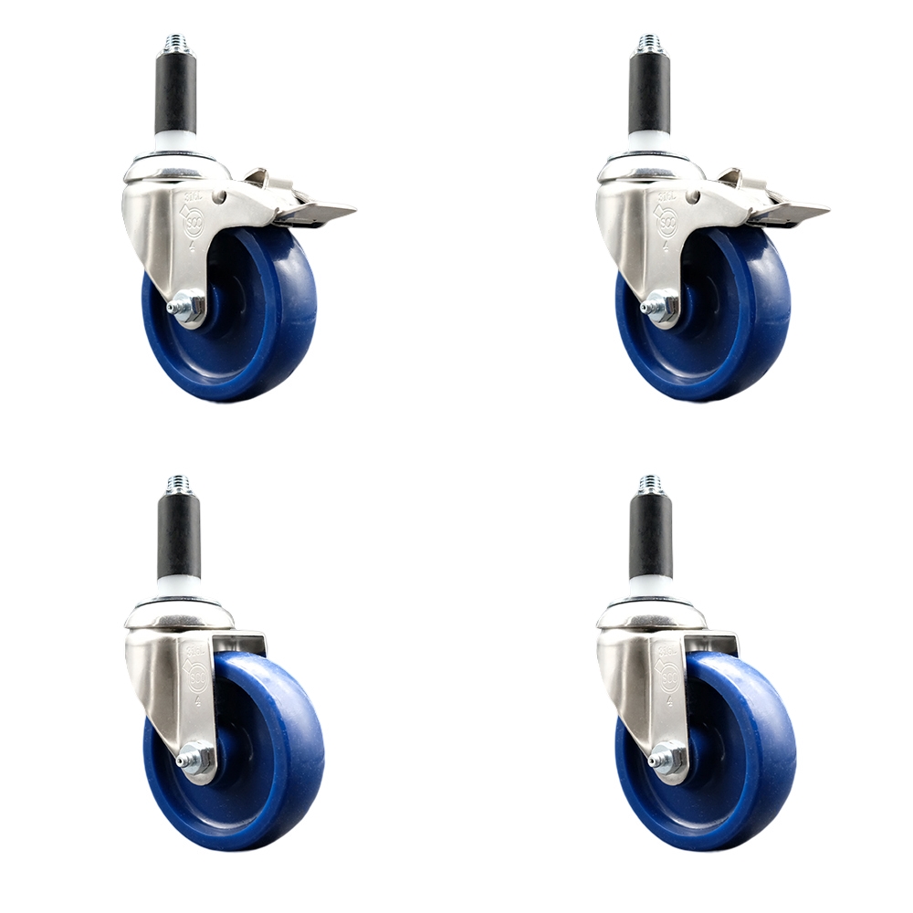 Solid Poly Swivel Stem Caster with 4 in. Blue Caster Wheels, 1.13 in. Expanding Stem - 316 Stainless Steel Casters - Set of 4