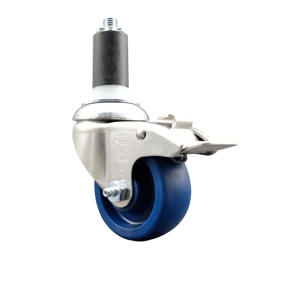 Solid Polyurethane Swivel Stem Caster with 3 in. Blue Caster Wheels & Total Lock Brake, 1.25 in. Expanding Stem - 316 Stainless Steel Caster