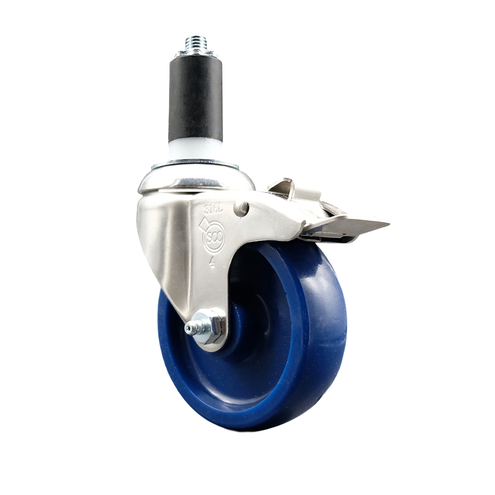 Solid Polyurethane Swivel Stem Caster with 4 in. Blue Caster Wheels & Total Lock Brake, 1.25 in. Expanding Stem - 316 Stainless Steel Caster