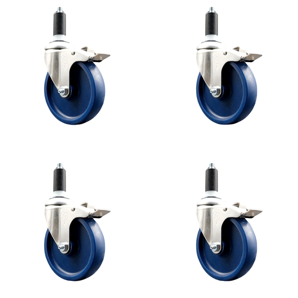 Solid Polyurethane Swivel Stem Caster with 5 in. Blue Caster Wheels, 1.25 in. Expanding Stems - 316 Stainless Steel Casters - Set of 4