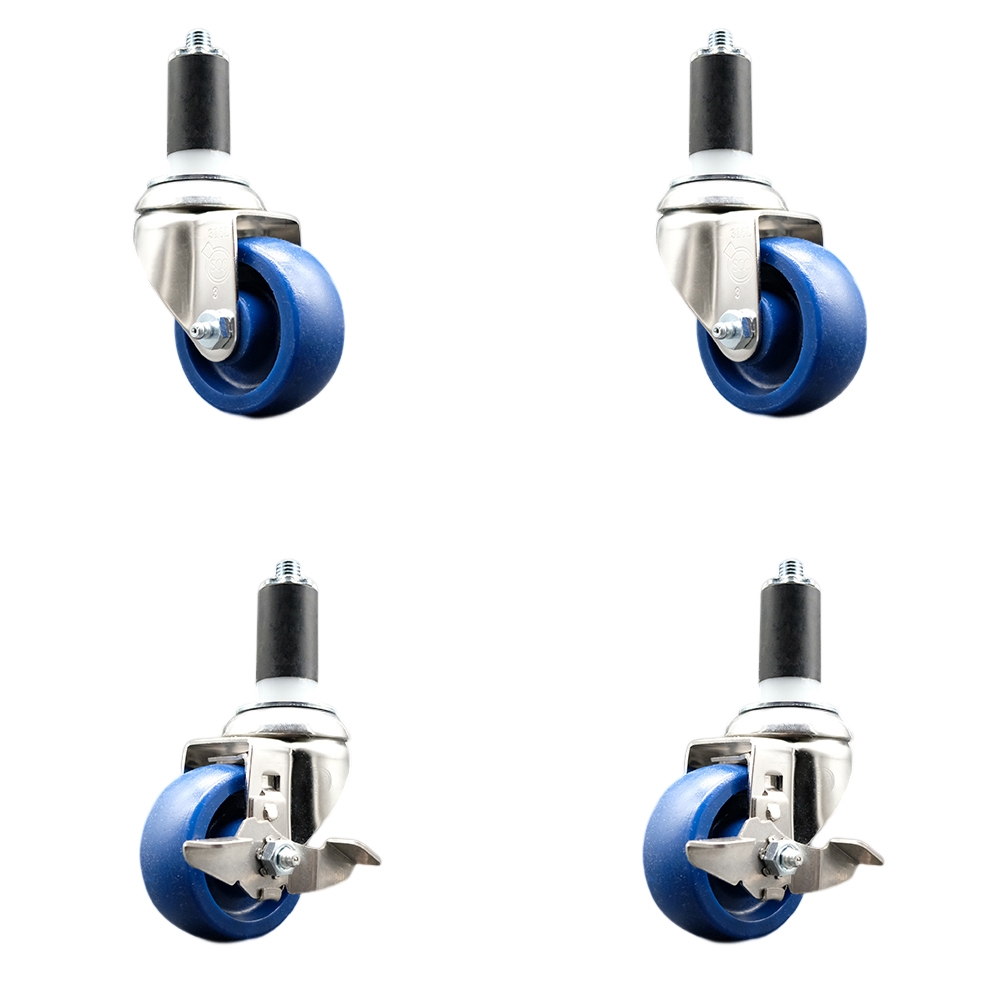 Solid Poly Swivel Stem Caster with 3.5 in. Blue Caster Wheels, 1.38 in. Expanding Stems - 316 Stainless Steel Casters - Set of 4