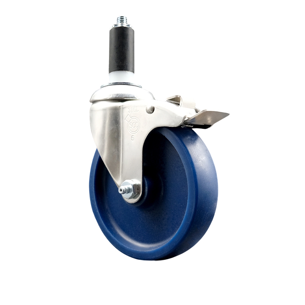 Solid Polyurethane Swivel Stem Caster with 5 in. Blue Caster Wheels & Total Lock Brake, 1.38 in. Expanding Stem - 316 Stainless Steel Caster