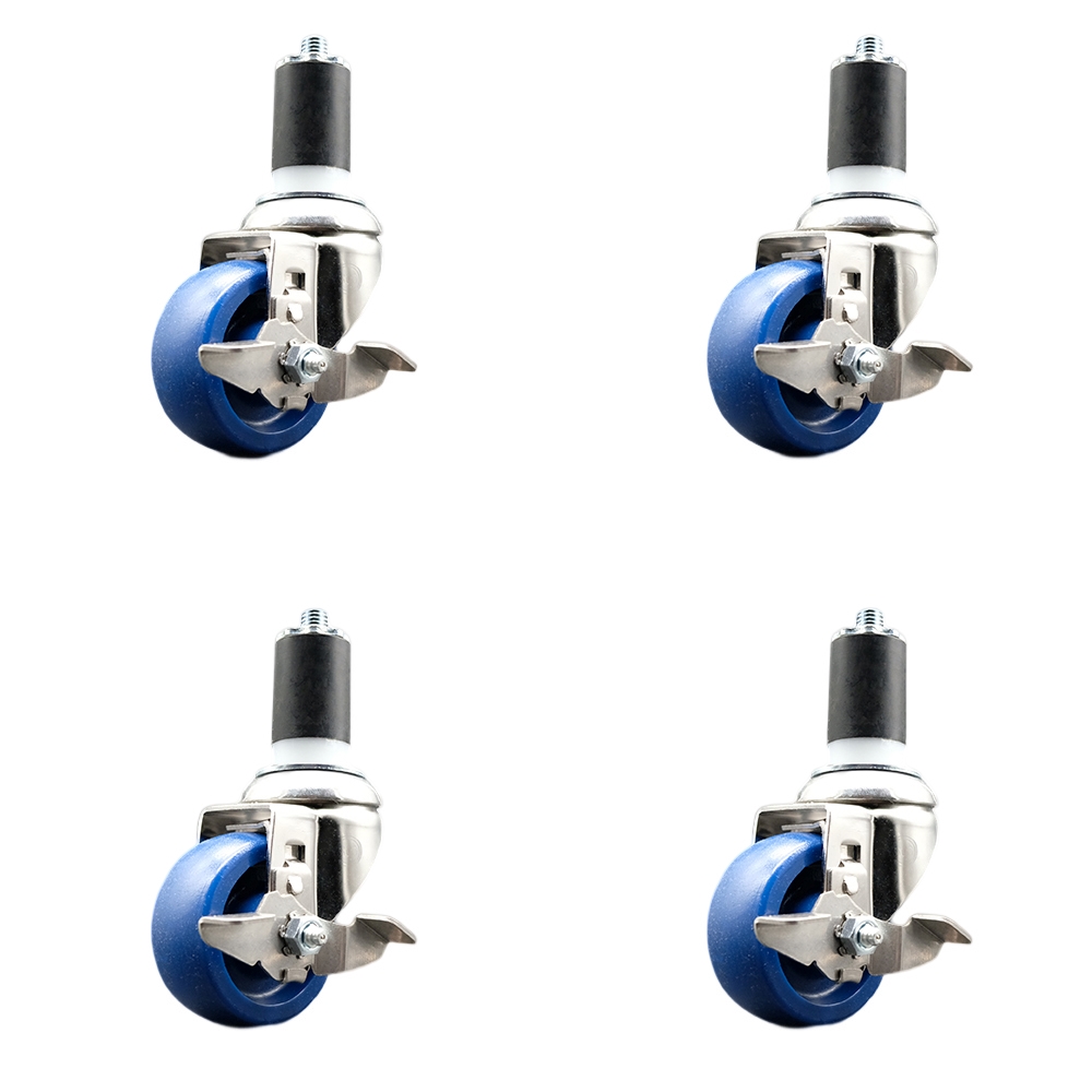 Solid Polyurethane Swivel Stem Caster with 3.5 in. Blue Caster Wheels, 1.5 in. Expanding Stems - 316 Stainless Steel Casters - Set of 4