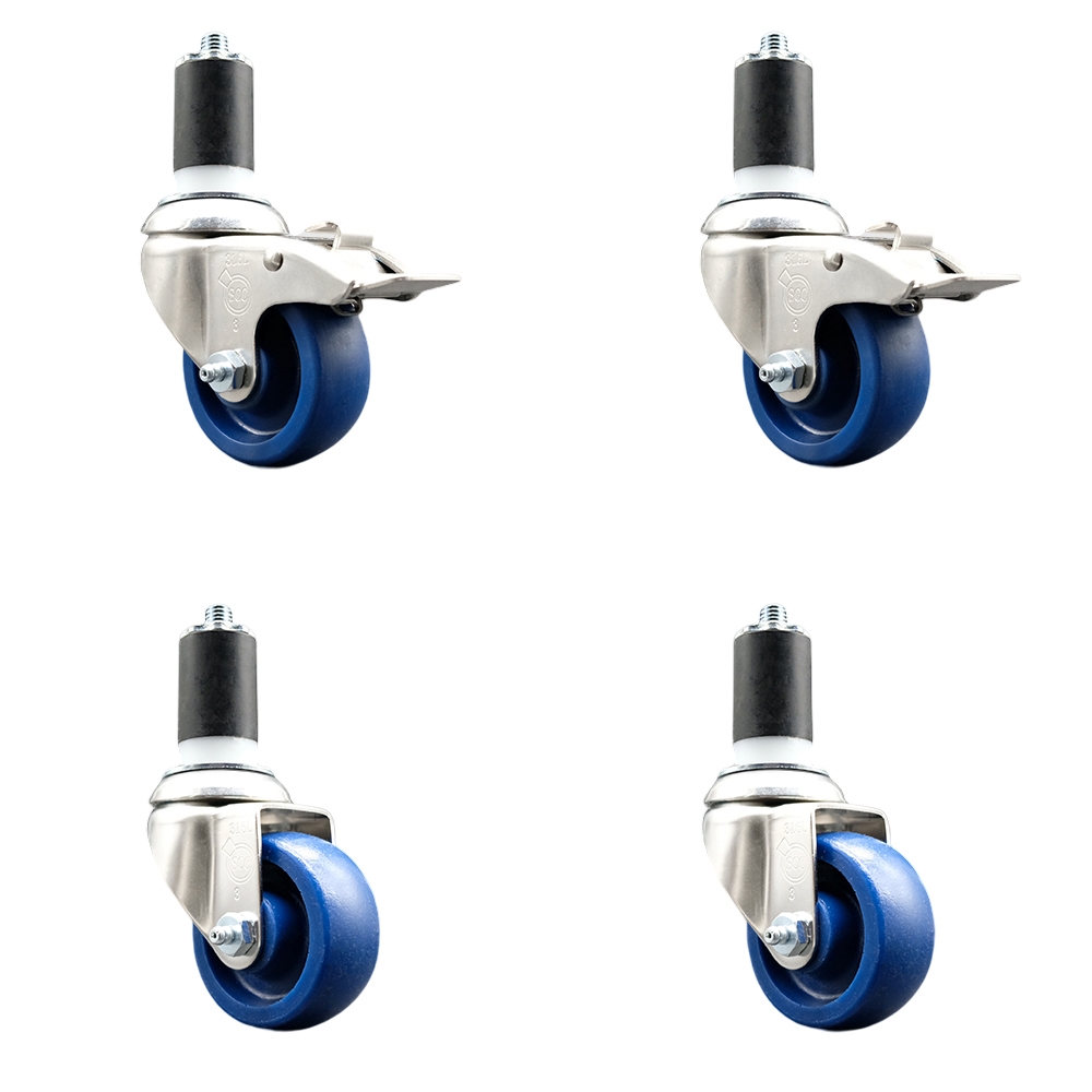 Solid Poly Swivel Stem Caster with 3.5 in. Blue Caster Wheels, 1.5 in. Expanding Stem - 316 Stainless Steel Casters - Set of 4