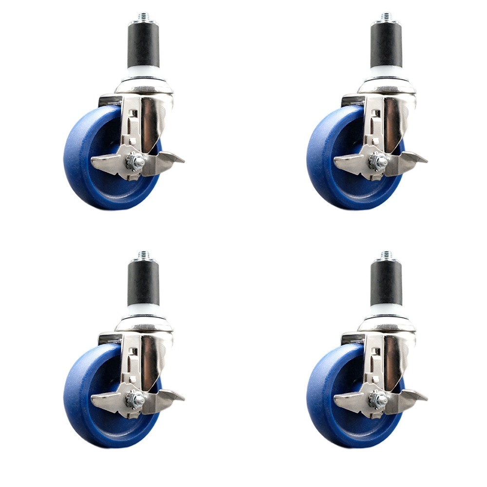 Solid Polyurethane Swivel Stem Caster with 4 in. Blue Caster Wheels, 1.5 in. Expanding Stems - 316 Stainless Steel Casters - Set of 4