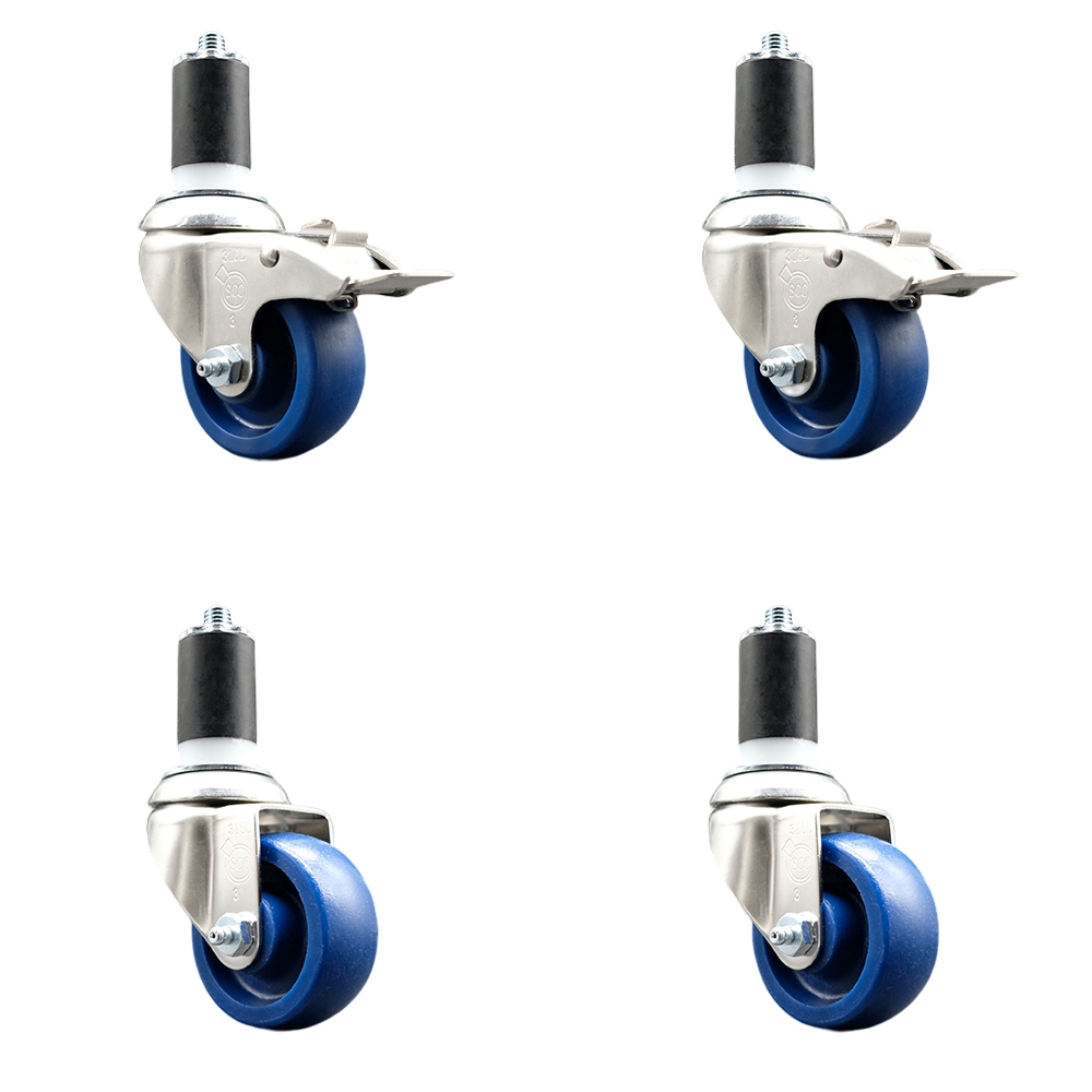 Solid Poly Swivel Stem Caster with 3 in. Blue Caster Wheels, 1.63 in. Expanding Stem - 316 Stainless Steel Casters - Set of 4
