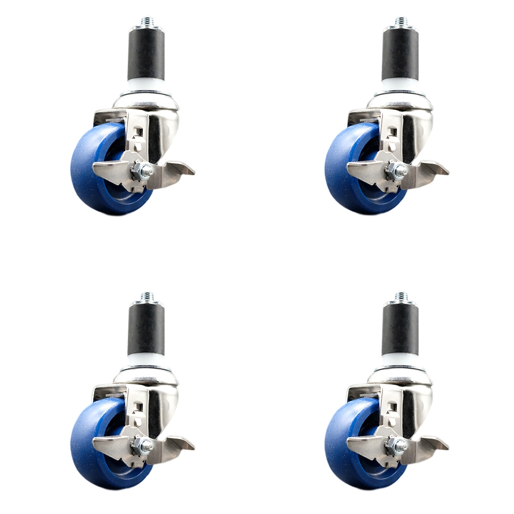 Solid Polyurethane Swivel Stem Caster with 3.5 in. Blue Caster Wheels, 1.63 in. Expanding Stems - 316 Stainless Steel Casters - Set of 4