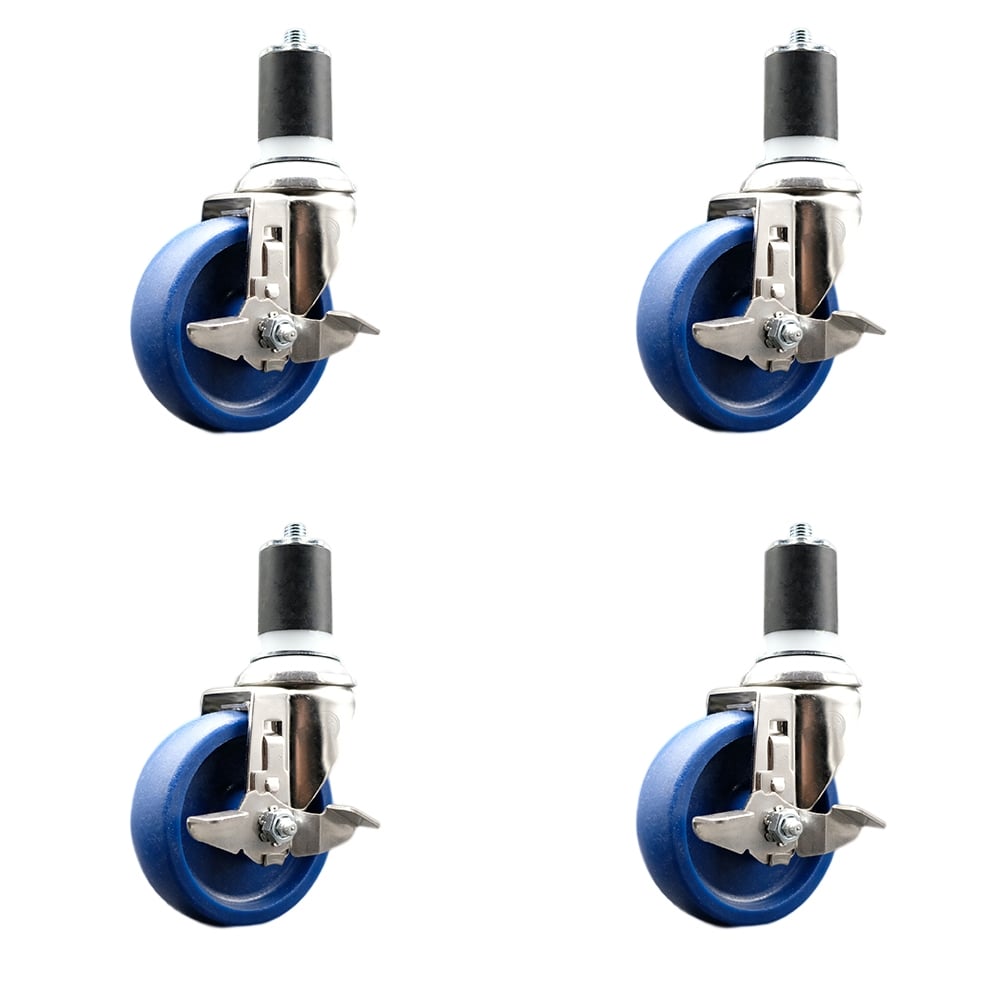 Solid Polyurethane Swivel Stem Caster with 4 in. Blue Caster Wheels, 1.75 in. Expanding Stems - 316 Stainless Steel Casters - Set of 4