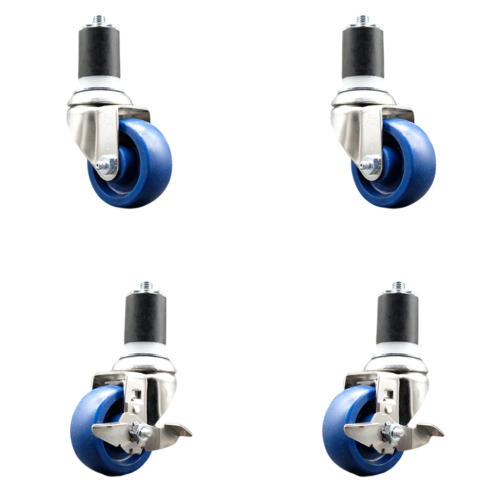 Solid Poly Swivel Stem Caster with 3.5 in. Blue Caster Wheels, 1.87 in. Expanding Stems - 316 Stainless Steel Casters - Set of 4