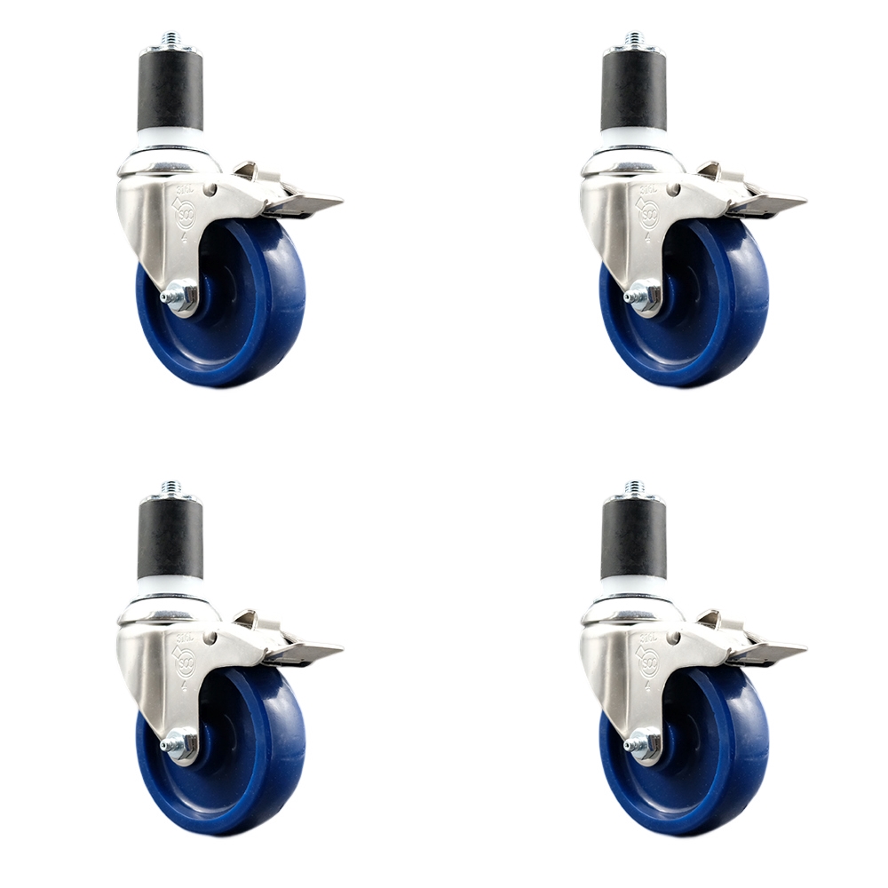 Solid Polyurethane Swivel Stem Caster with 4 in. Blue Caster Wheels, 1.87 in. Expanding Stems - 316 Stainless Steel Casters - Set of 4
