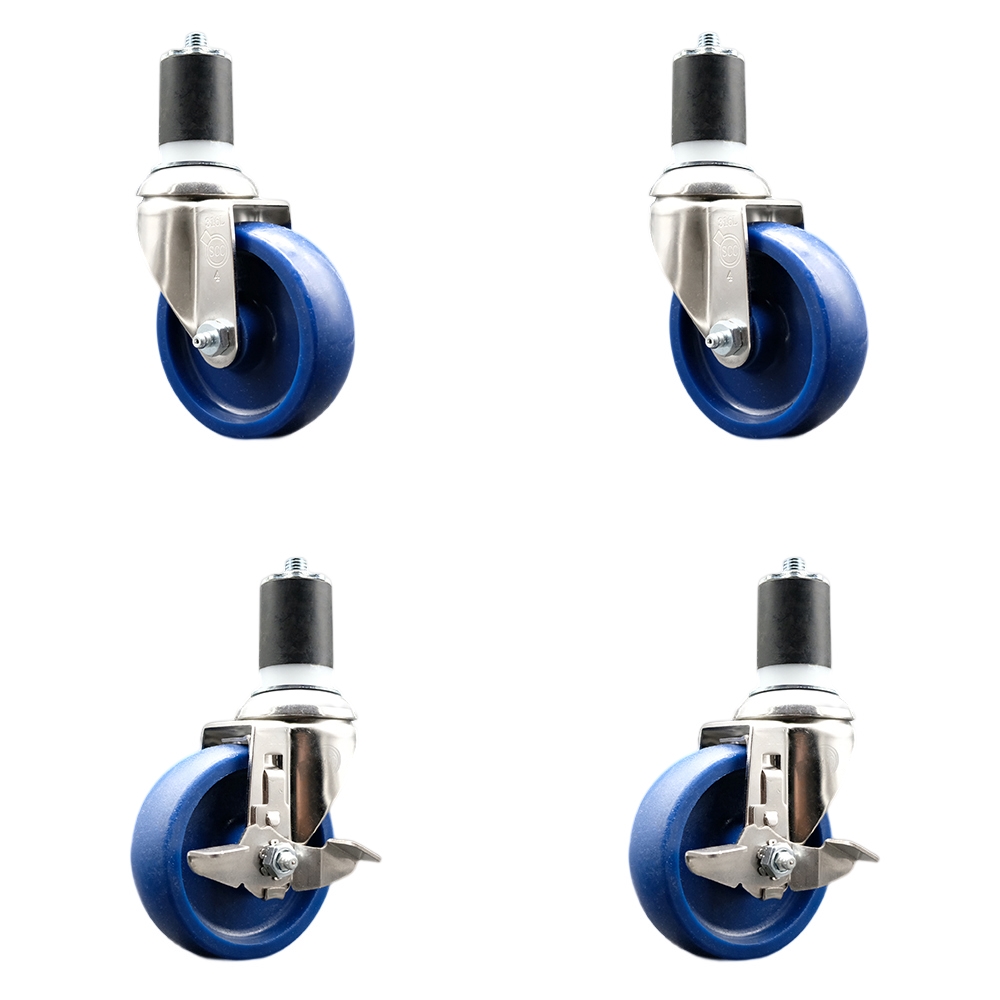 Solid Poly Swivel Stem Caster with 4 in. Blue Caster Wheels, 1.87 in. Expanding Stems - 316 Stainless Steel Casters - Set of 4