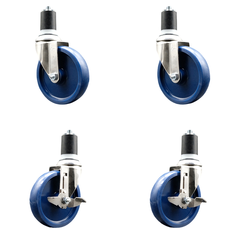 Solid Poly Swivel Stem Caster with 5 in. Blue Caster Wheels, 1.87 in. Expanding Stems - 316 Stainless Steel Casters - Set of 4