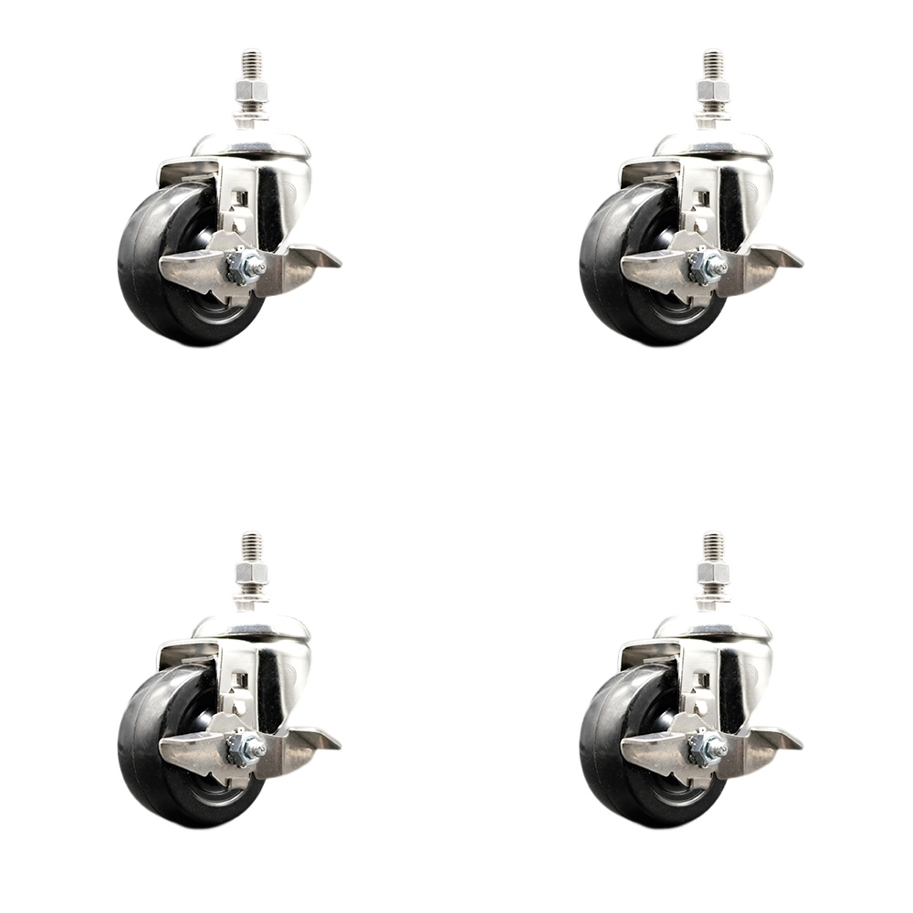 Soft Rubber Swivel Stem Caster with 3.5 in. Caster Wheels 0.38 in. Threaded Stems 316 Stainless Steel Casters - Set of 4