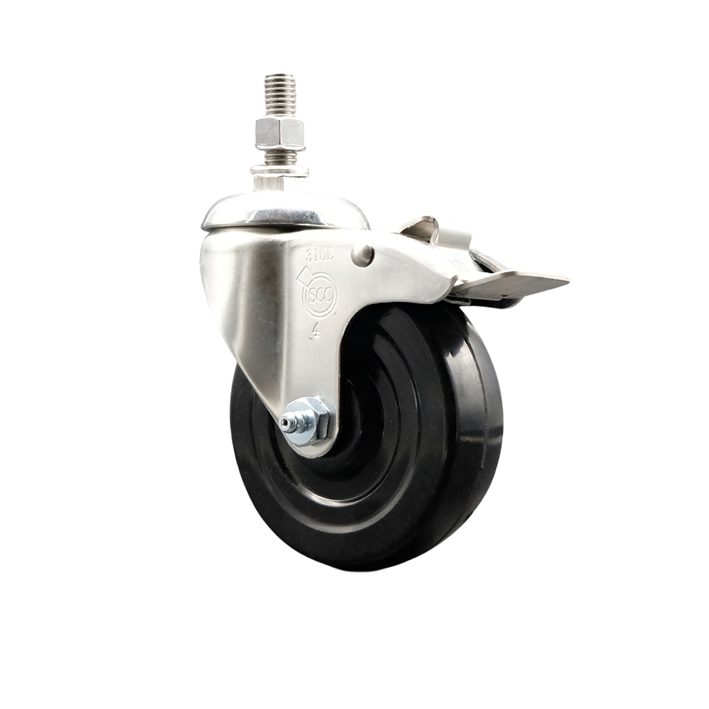 Soft Rubber Swivel Stem Caster with 4 in. Black Caster Wheel & Total Lock Brake 0.38 in. Threaded Stem 316 Stainless Steel Caster