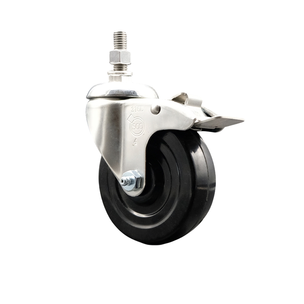 Soft Rubber Swivel Stem Caster with 4 in. Black Caster Wheel & Total Lock Brake 10 mm Threaded Stem 316 Stainless Steel Caster