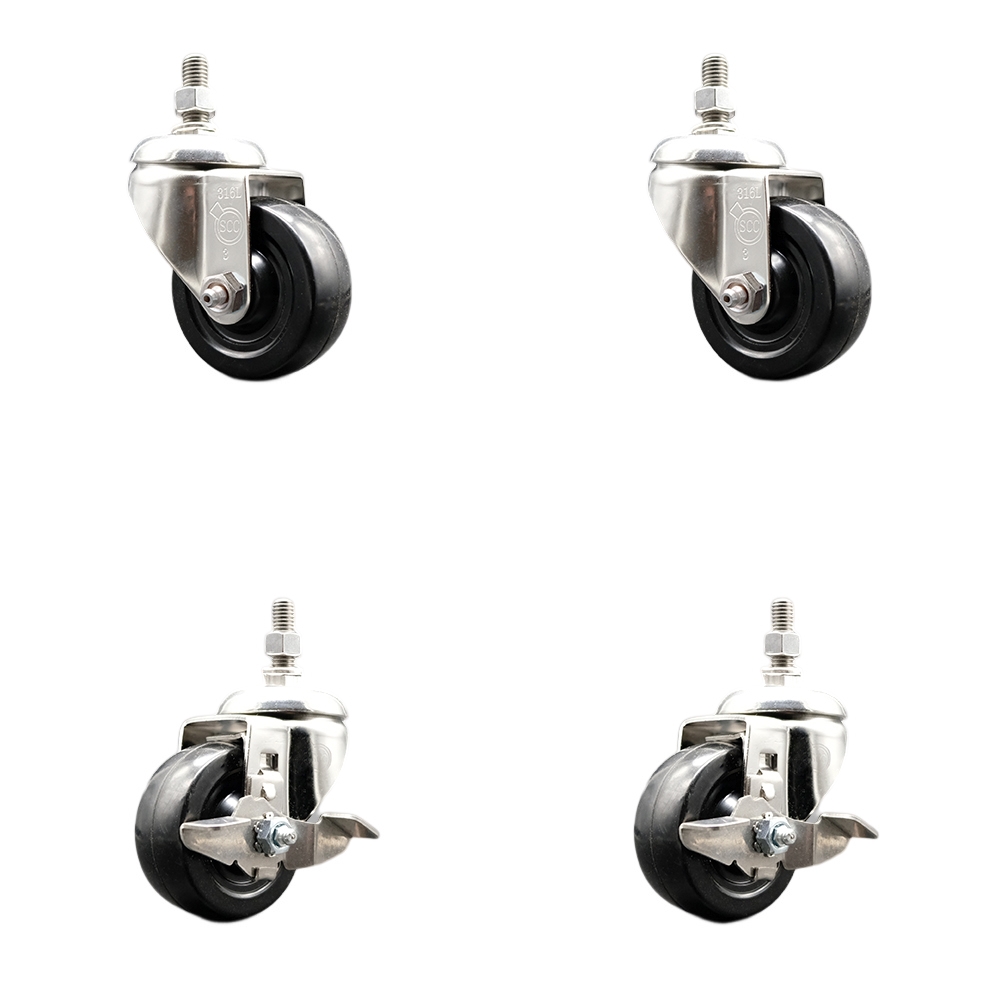 Soft Rubber Swivel Stem Caster with 3.5 in. Caster Wheels 12 mm Threaded Stems 316 Stainless Steel Casters - Set of 4