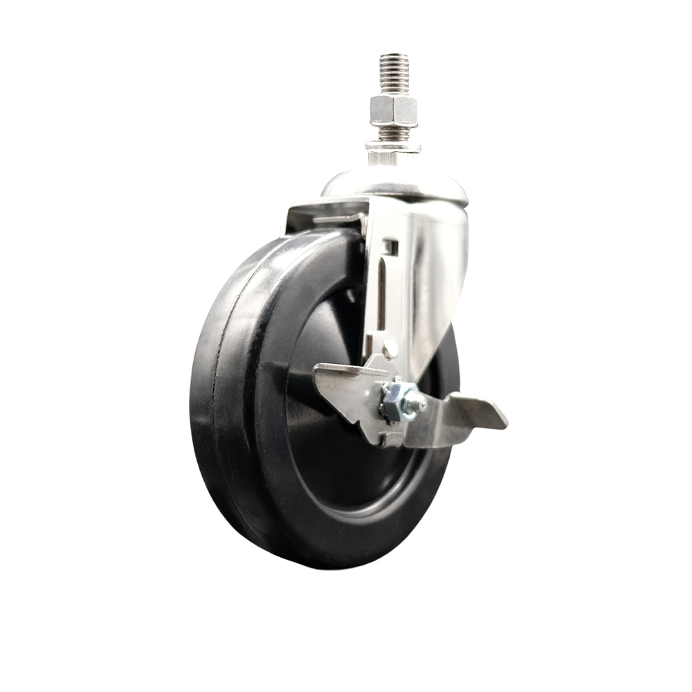 Soft Rubber Swivel Stem Caster with 5 in. Black Caster Wheel & Top Lock Brake 12 mm Threaded Stem 316 Stainless Steel Caster