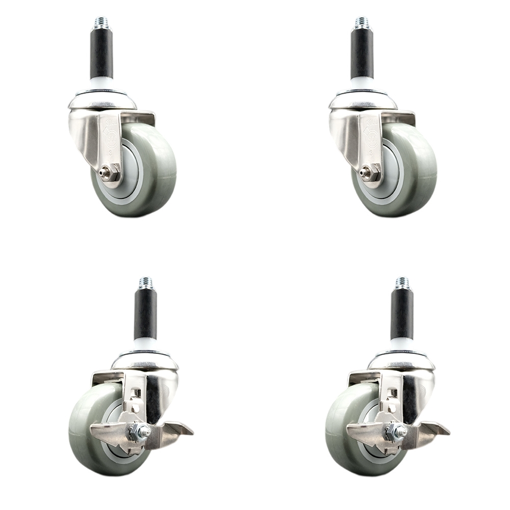 Polyurethane Swivel Stem Caster with 3.5 in. Gray Caster Wheels, 0.75 in. Expanding Stems - 316 Stainless Steel Casters - Set of 4