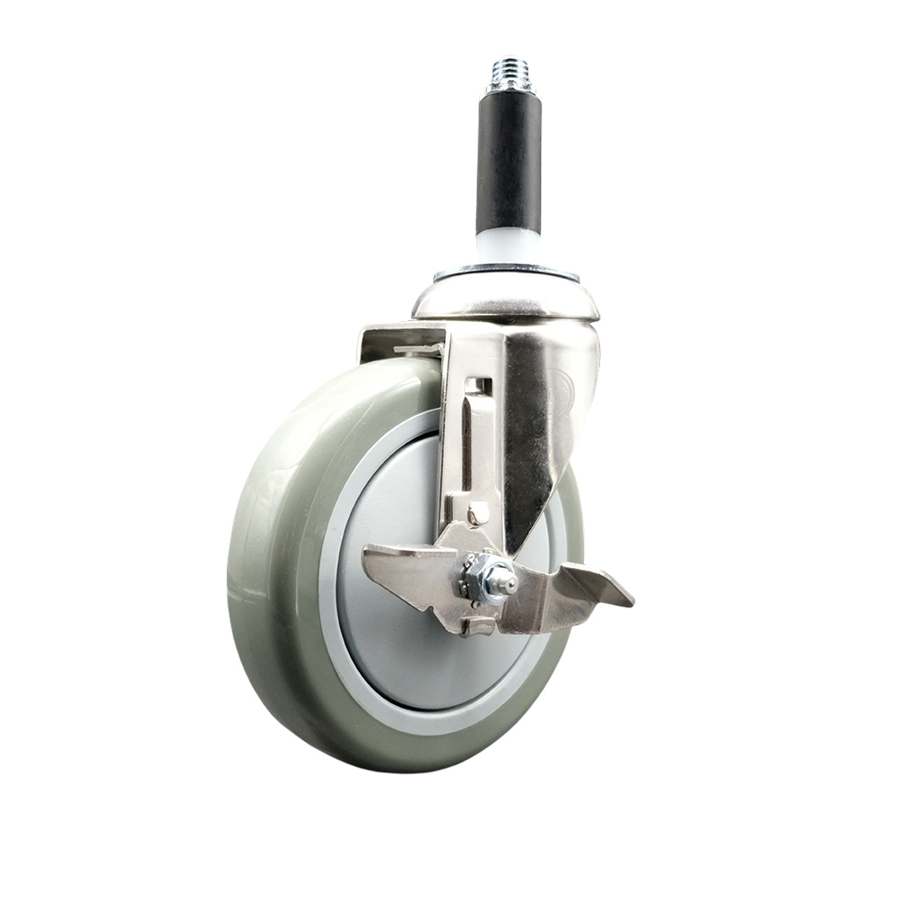 Polyurethane Swivel Stem Caster with 5 in. Gray Caster Wheels & Top Lock Brake, 0.75 in. Expanding Stem - 316 Stainless Steel Caster