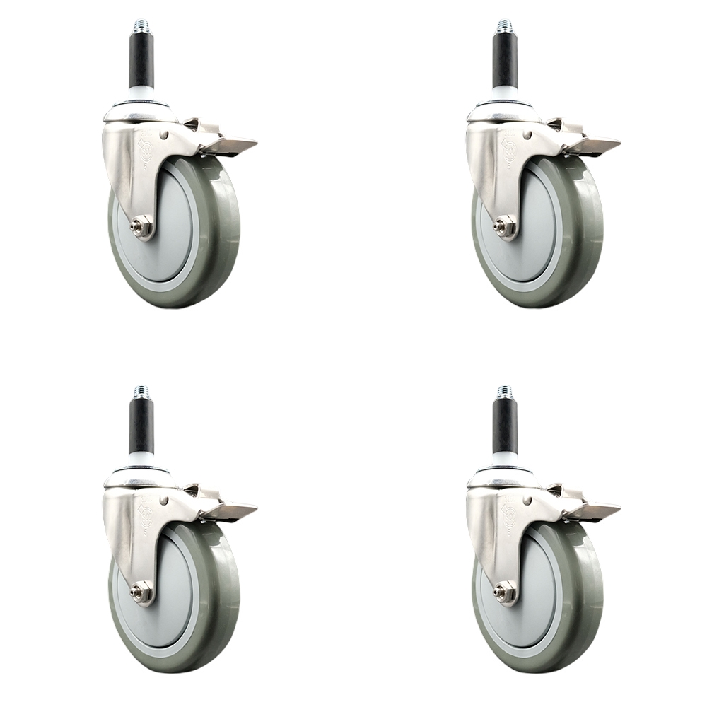 Polyurethane Swivel Stem Caster with 5 in. Gray Caster Wheels, 0.75 in. Expanding Stems - 316 Stainless Steel Casters - Set of 4