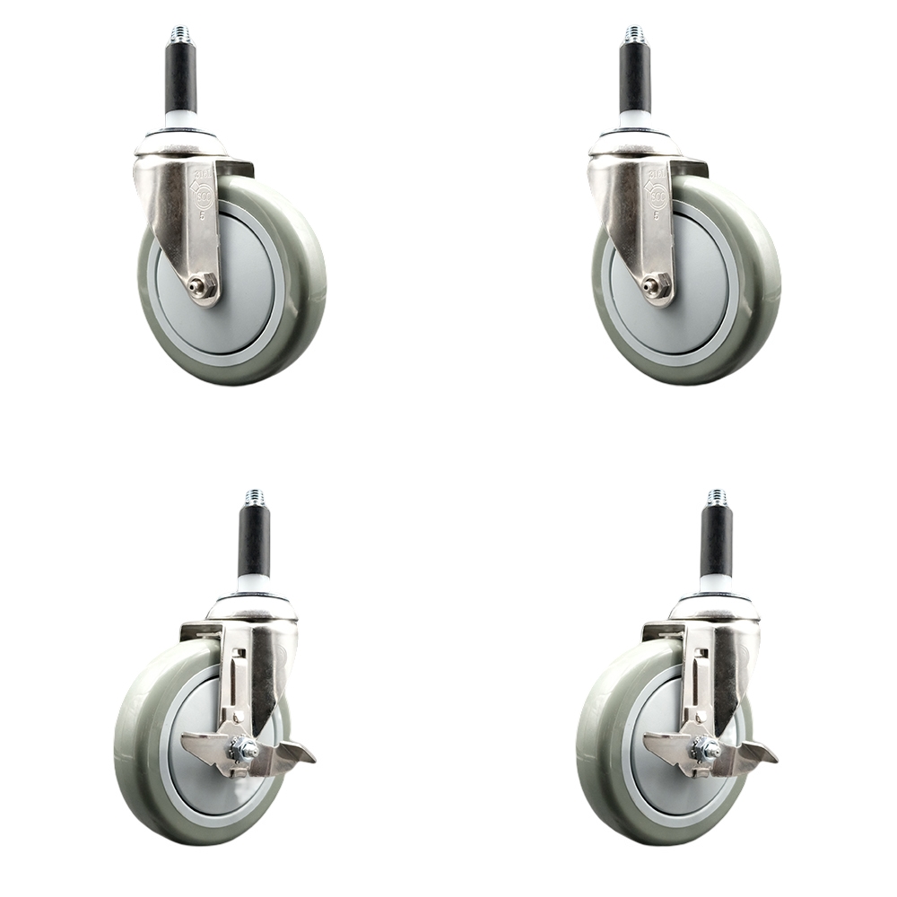 Polyurethane Swivel Stem Caster with 5 in. Gray Caster Wheels, 0.75 in. Expanding Stems - 316 Stainless Steel Casters - Set of 4
