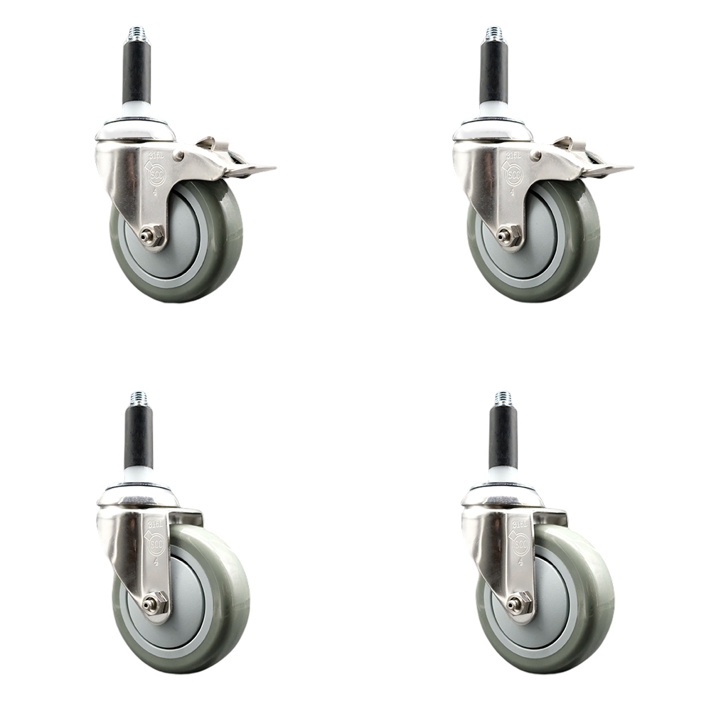 Polyurethane Swivel Stem Caster with 4 in. Gray Caster Wheels, 0.87 in. Expanding Stem - 316 Stainless Steel Casters - Set of 4