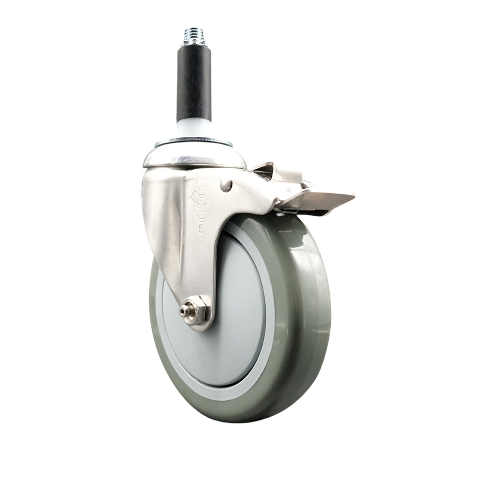 Polyurethane Swivel Stem Caster with 5 in. Gray Caster Wheels & Total Lock Brake, 0.87 in. Expanding Stem - 316 Stainless Steel Caster