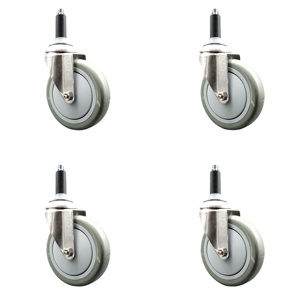 Polyurethane Swivel Stem Caster with 5 in. Gray Caster Wheels, 0.87 in. Expanding Stems - 316 Stainless Steel Casters - Set of 4