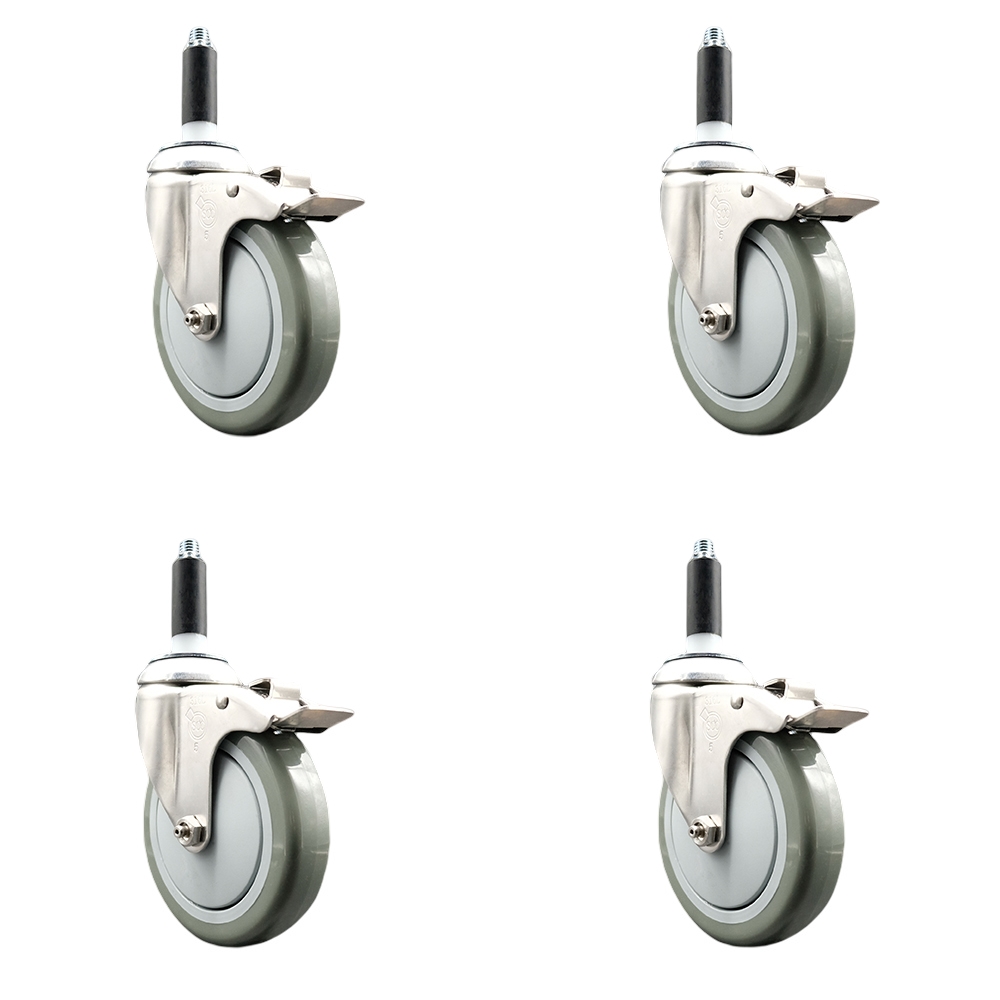 Polyurethane Swivel Stem Caster with 5 in. Gray Caster Wheels, 0.87 in. Expanding Stems - 316 Stainless Steel Casters - Set of 4
