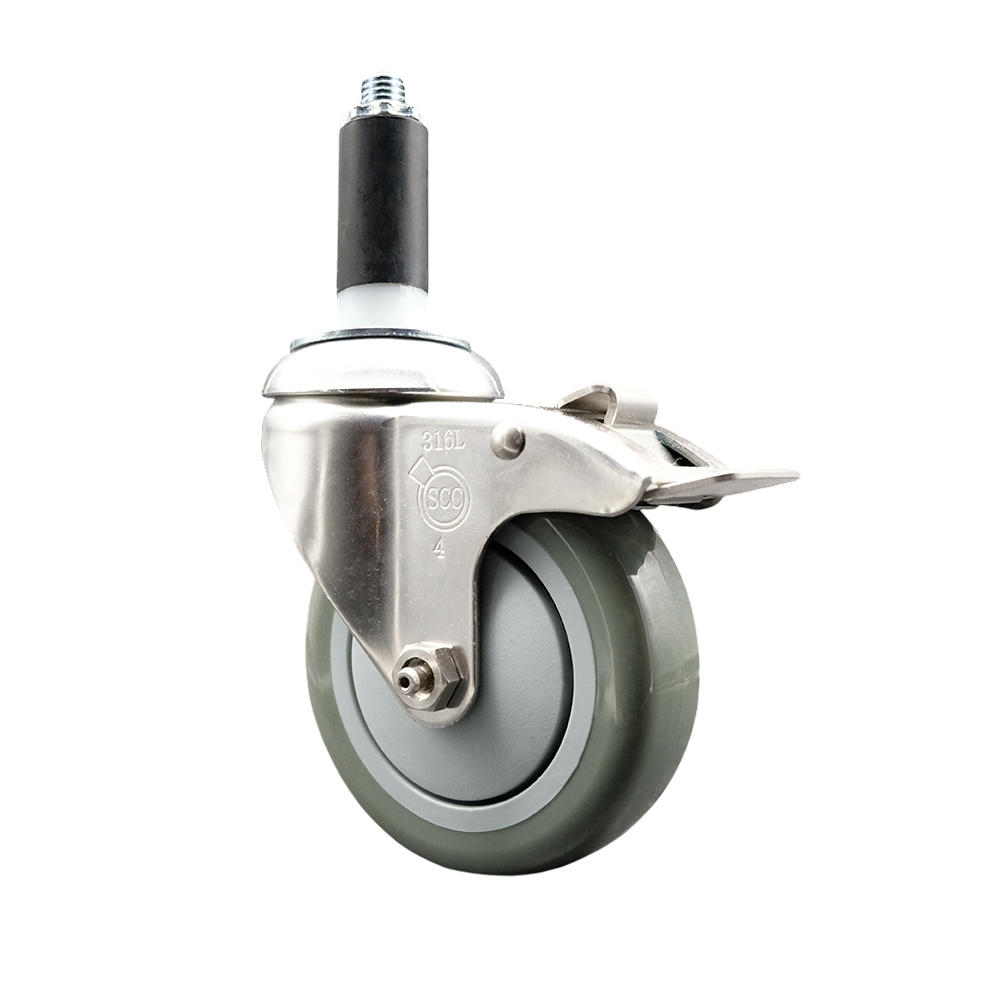 Polyurethane Swivel Stem Caster with 4 in. Gray Caster Wheels & Total Lock Brake, 1 in. Expanding Stem - 316 Stainless Steel Caster