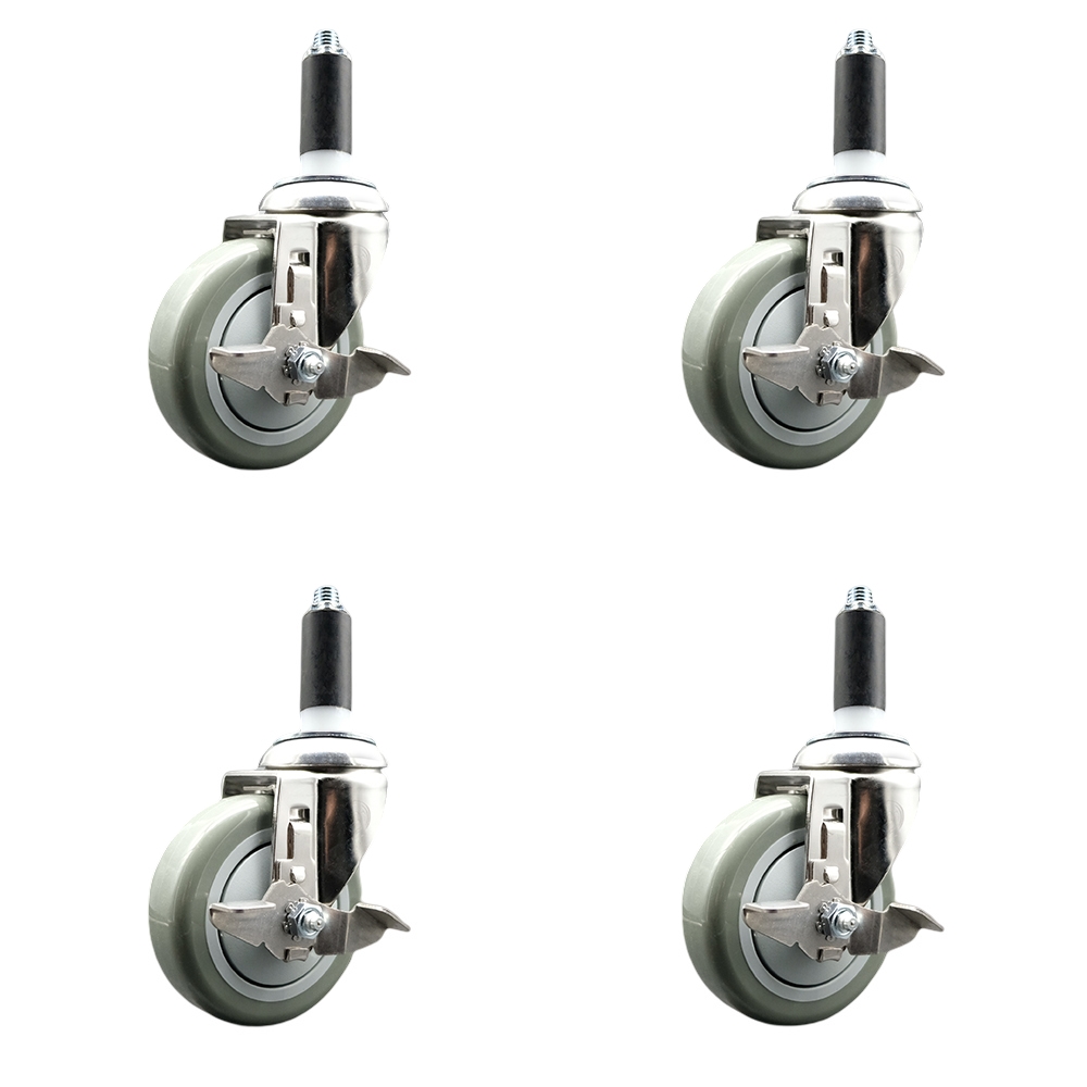 Polyurethane Swivel Stem Caster with 4 in. Gray Caster Wheels, 1 in. Expanding Stems - 316 Stainless Steel Casters - Set of 4