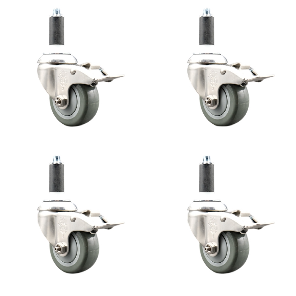 Polyurethane Swivel Stem Caster with 3.5 in. Gray Caster Wheels, 1.13 in. Expanding Stems - 316 Stainless Steel Casters - Set of 4