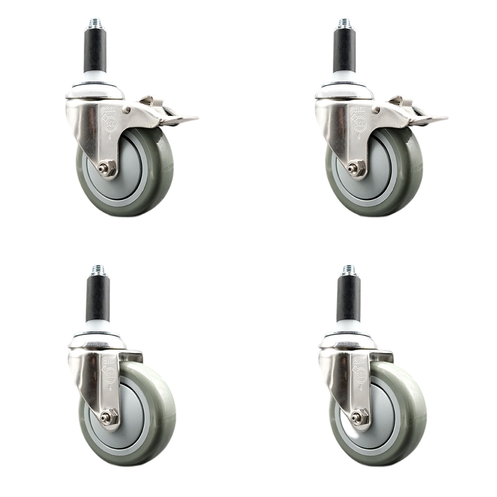 Polyurethane Swivel Stem Caster with 4 in. Gray Caster Wheels, 1.13 in. Expanding Stem - 316 Stainless Steel Casters - Set of 4