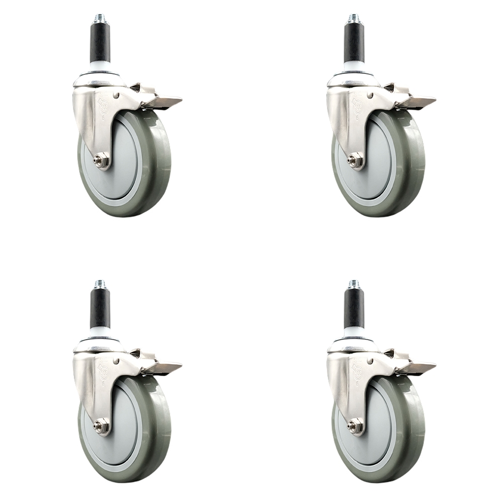 Polyurethane Swivel Stem Caster with 5 in. Gray Caster Wheels, 1.13 in. Expanding Stems - 316 Stainless Steel Casters - Set of 4