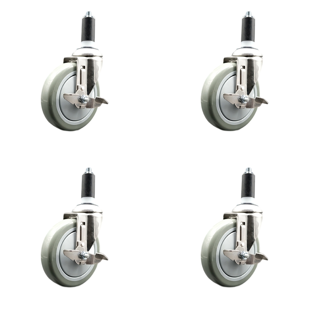 Polyurethane Swivel Stem Caster with 5 in. Gray Caster Wheels, 1.25 in. Expanding Stems - 316 Stainless Steel Casters - Set of 4