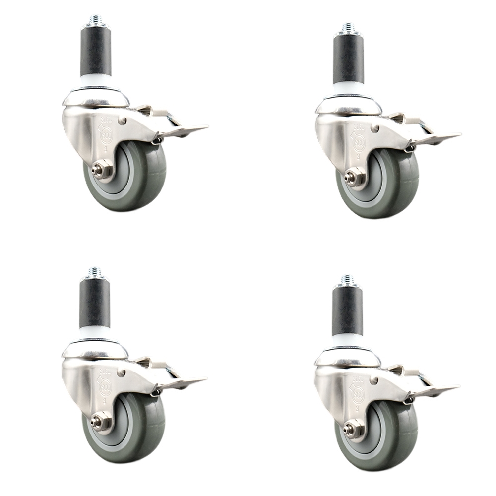 Polyurethane Swivel Stem Caster with 3 in. Gray Caster Wheels, 1.38 in. Expanding Stems - 316 Stainless Steel Casters - Set of 4