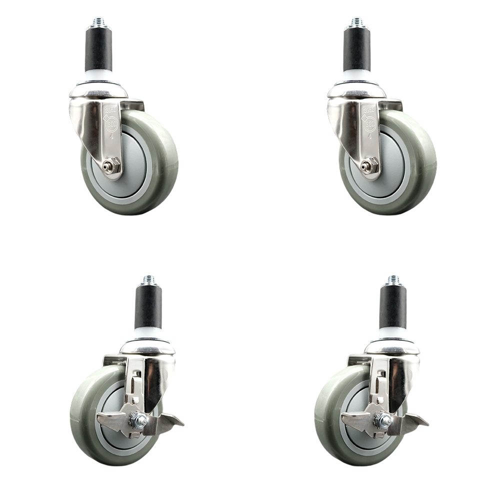 Polyurethane Swivel Stem Caster with 4 in. Gray Caster Wheels, 1.38 in. Expanding Stems - 316 Stainless Steel Casters - Set of 4