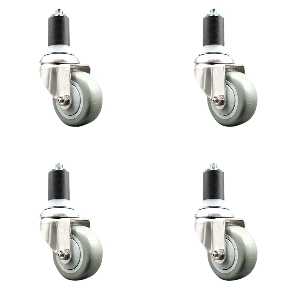 Polyurethane Swivel Stem Caster with 3 in. Gray Caster Wheels, 1.63 in. Expanding Stems - 316 Stainless Steel Casters - Set of 4