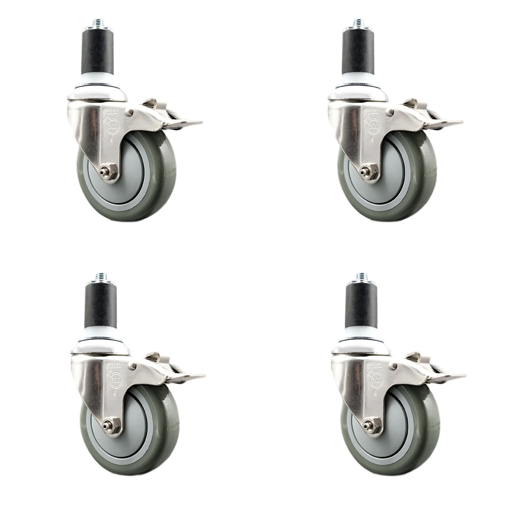 Polyurethane Swivel Stem Caster with 4 in. Gray Caster Wheels, 1.63 in. Expanding Stems - 316 Stainless Steel Casters - Set of 4