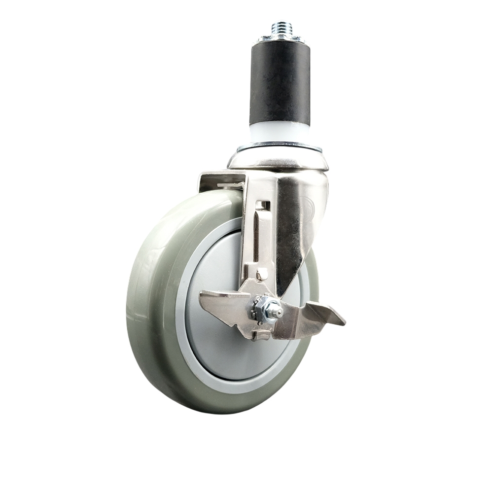 Polyurethane Swivel Stem Caster with 5 in. Gray Caster Wheels & Top Lock Brake, 1.63 in. Expanding Stem - 316 Stainless Steel Caster