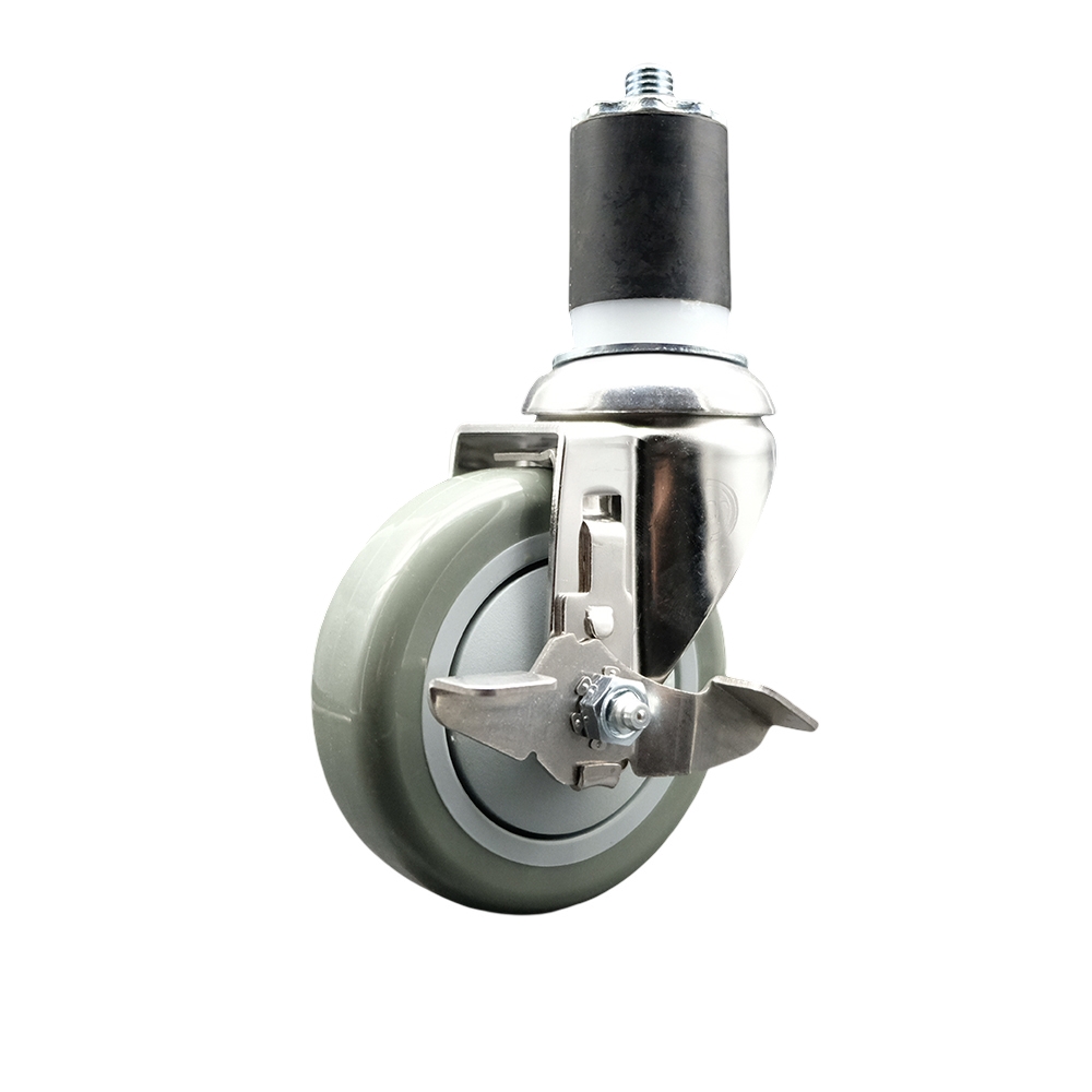 Polyurethane Swivel Stem Caster with 4 in. Gray Caster Wheels & Top Lock Brake, 1.87 in. Expanding Stem - 316 Stainless Steel Caster