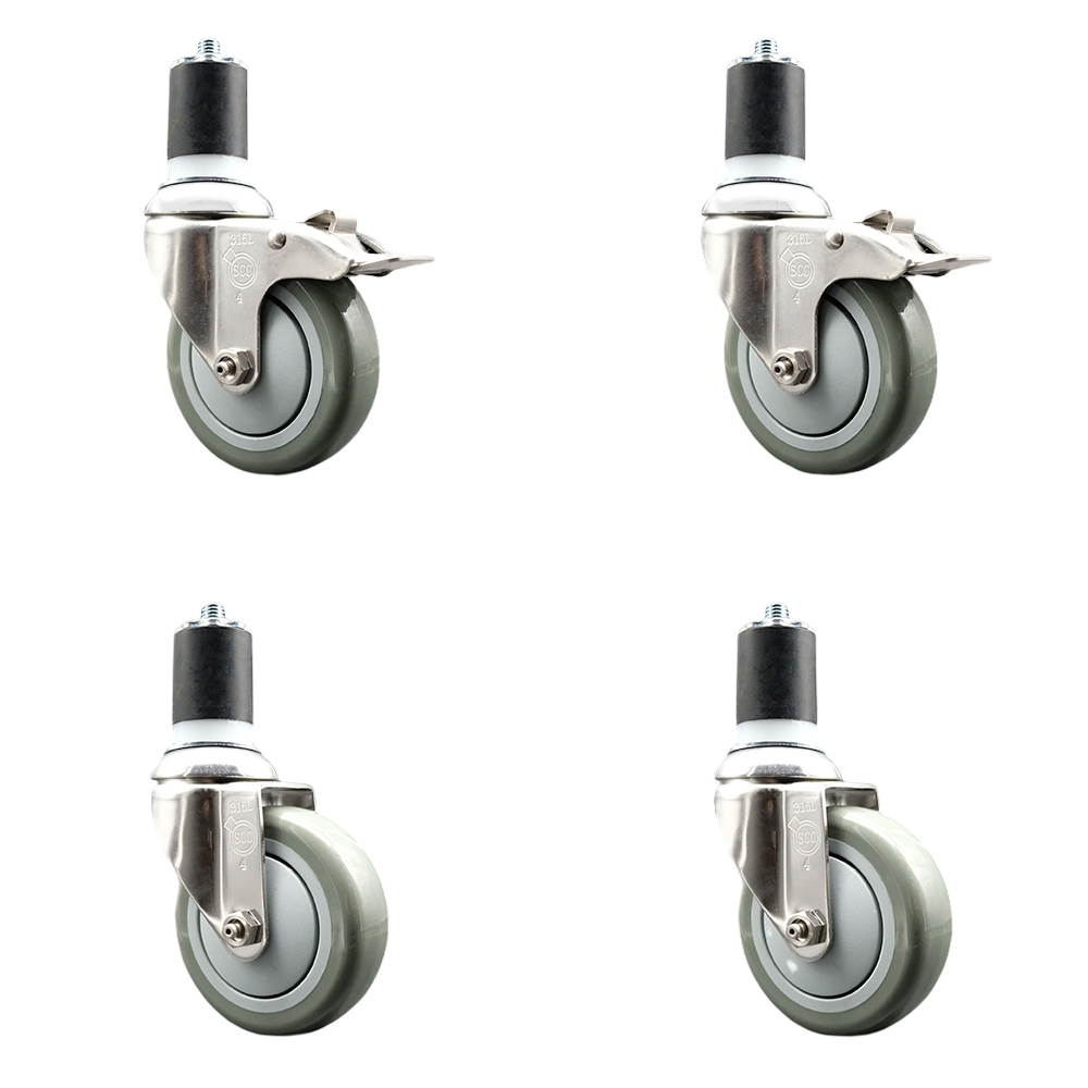 Polyurethane Swivel Stem Caster with 4 in. Gray Caster Wheels, 1.87 in. Expanding Stem - 316 Stainless Steel Casters - Set of 4