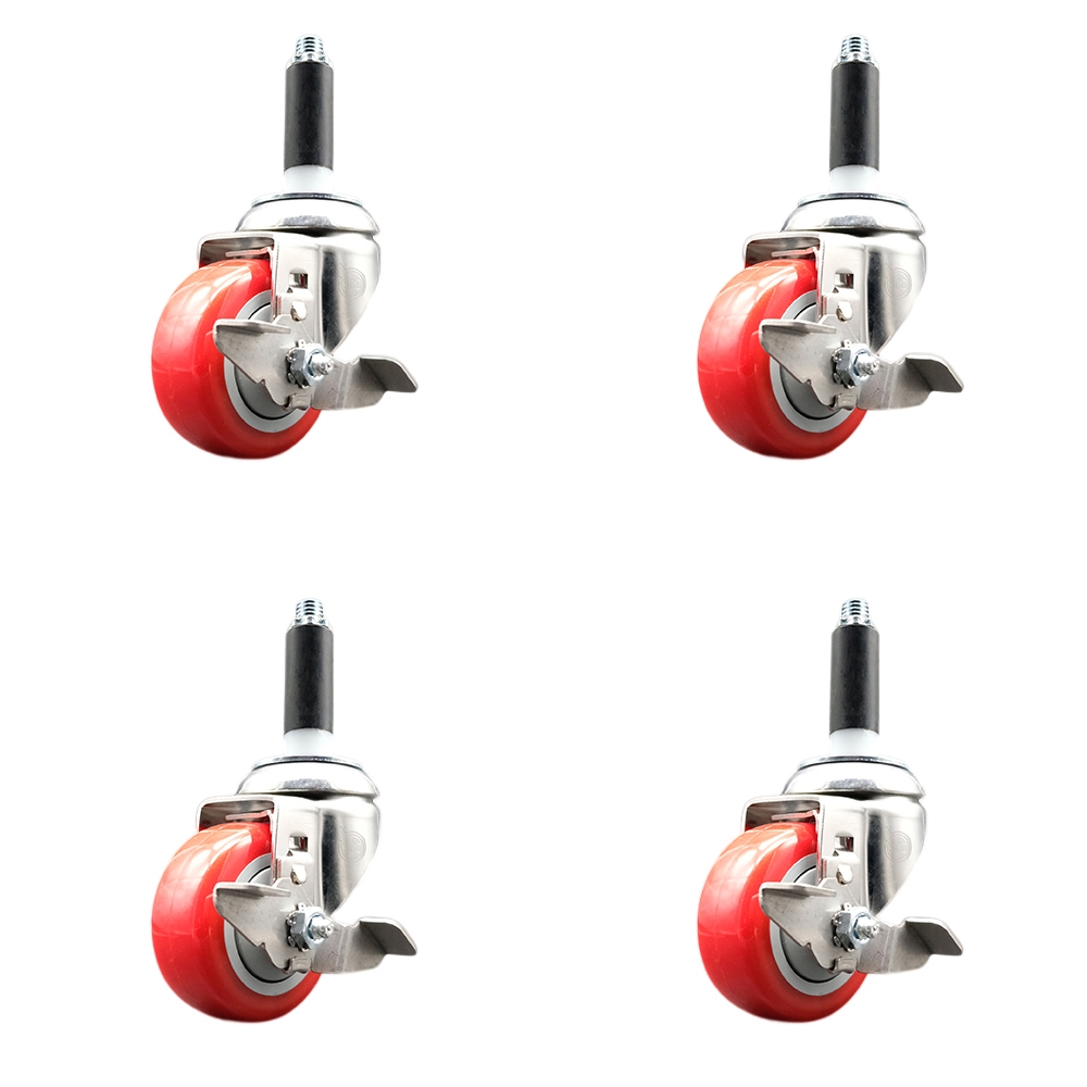 Polyurethane Swivel Stem Caster with 3.5 in. Red Caster Wheels, 0.75 in. Expanding Stems - 316 Stainless Steel Casters - Set of 4
